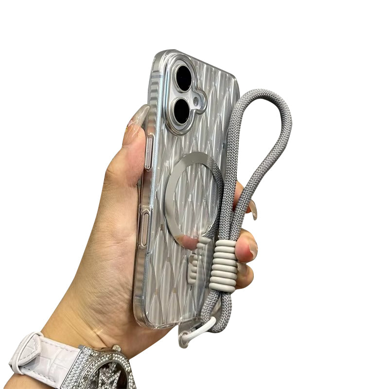 Luxury Apple iPhone Case, MagSafe Compatible, Camera Lens & Screen Protection, Ultra Thin, Shockproof, Magnetic Full All Around Cover – Laser Aurora Raindrop Acrylic Case with Wrist Strap & Wireless Charging