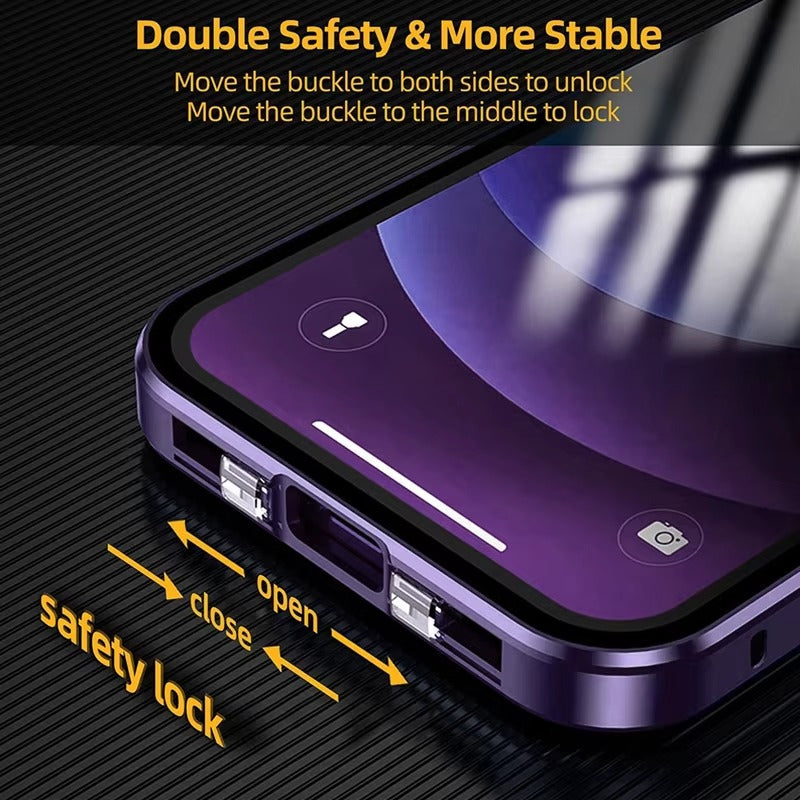 High Quality Apple iPhone Case MagSafe Compatible, Camera Lens & Screen Protection Cover with Double Glass Metal Buckle