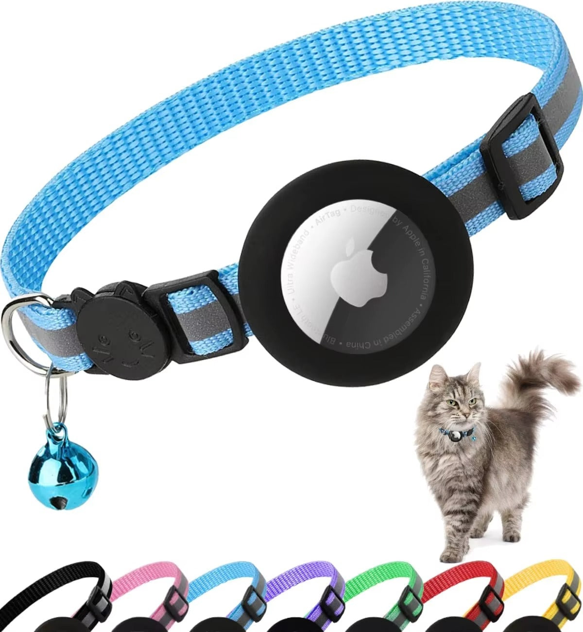 Premium Reflective Cat Collar with AirTag Holder – Adjustable Breakaway Design with Bell for Kittens and Small Pets 0.4" Wide