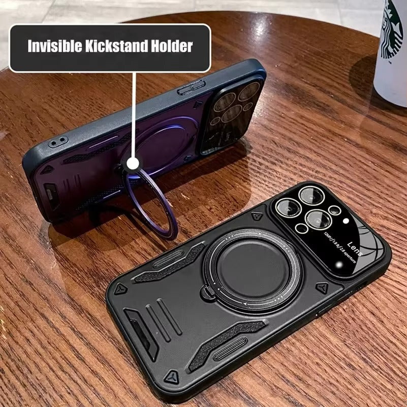 Luxury Apple iPhone Case, MagSafe Compatible, Camera Lens & Screen Protection, Ultra Thin, Shockproof, Magnetic Full All Around Cover – Stand Holder Case with Lens Guard, Wristband & Lanyard Strap