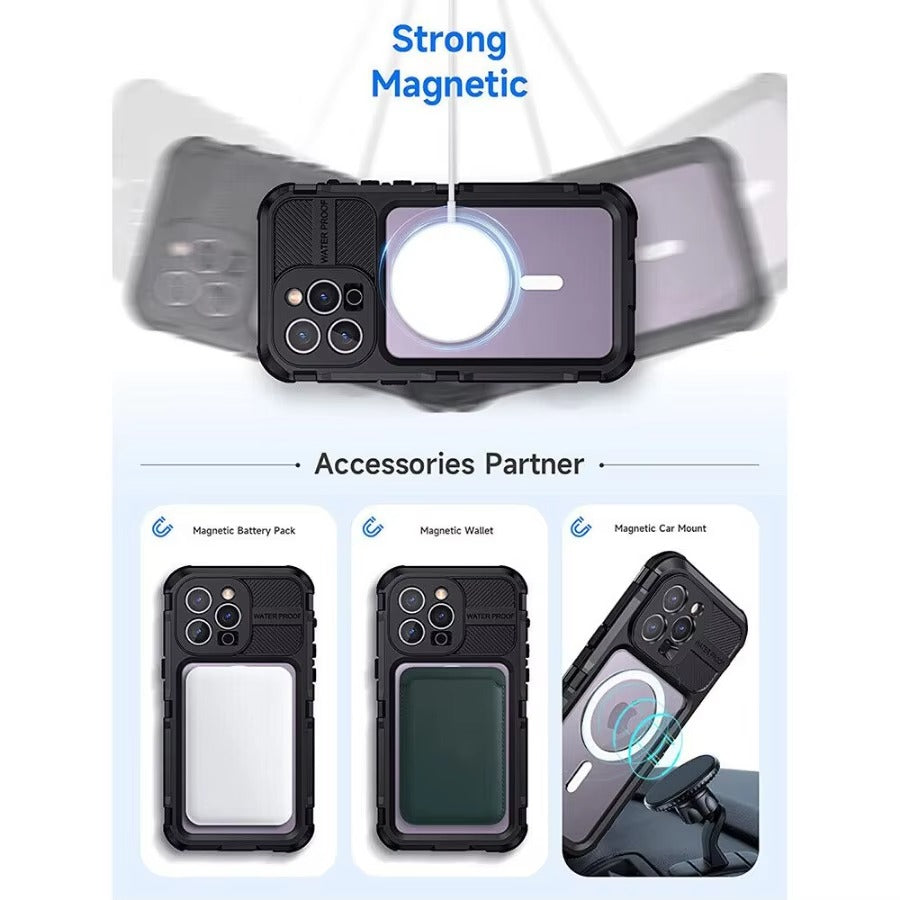 Robust Apple iPhone Case MagSafe Compatible, Camera Lens & Screen Protection, Ultra Thin Shockproof Magnetic Full All Around Protection Cover with IP68 Metal Military Design
