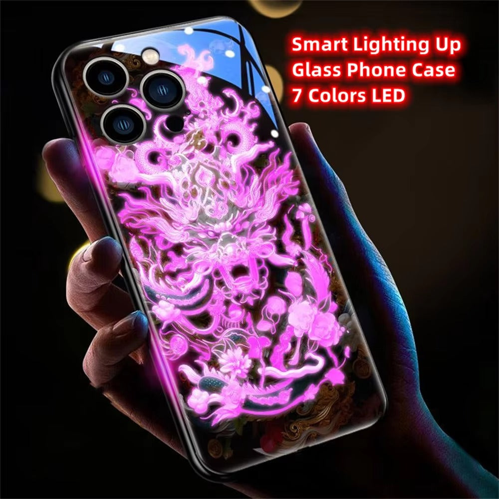 Premium Apple iphone Case, LED Flash, Sound Reactive, Shockproof, Ultra Thin, Full Body Protection, Golden Dragon Luminous Glass Cover