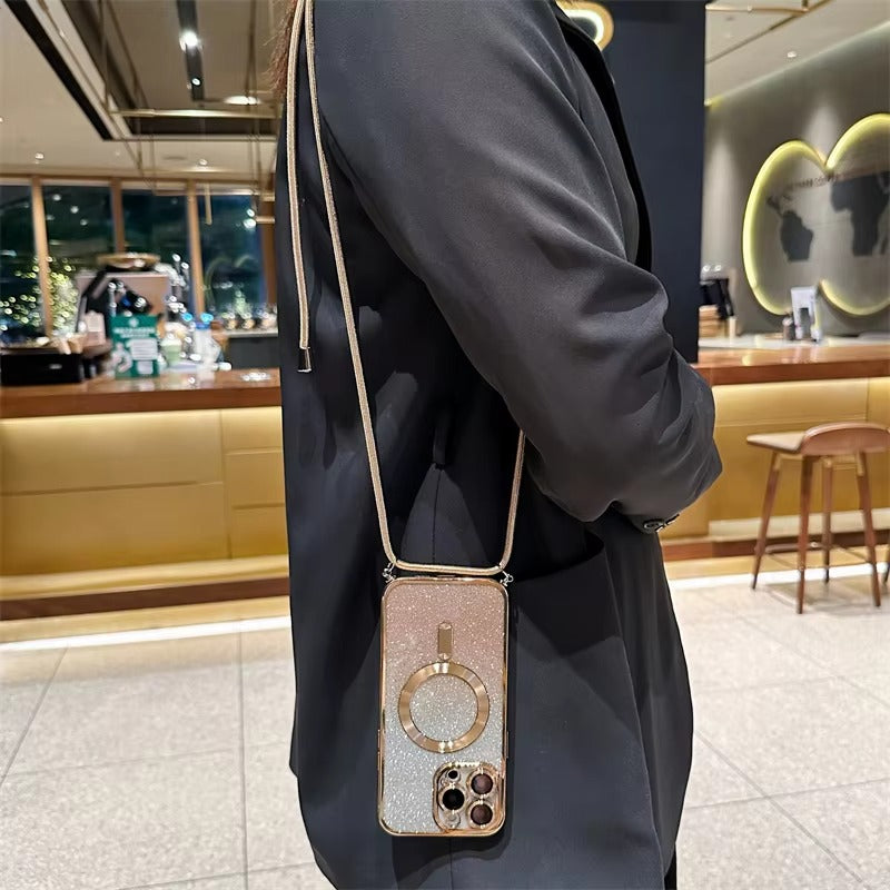 Luxury Apple iPhone Case, MagSafe Compatible, Camera Lens & Screen Protection, Ultra Thin, Shockproof, Magnetic Full All Around Cover – Glitter Crossbody Plating TPU Soft Back Case