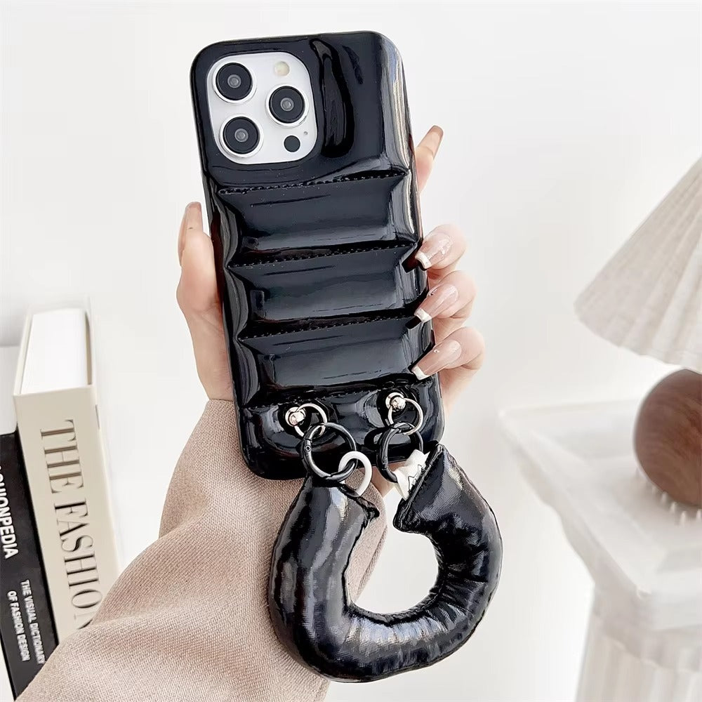 Luxury Apple iPhone Case, MagSafe Compatible, Camera Lens & Screen Protection, Ultra Thin, Shockproof, Magnetic Full All Around Cover – Down Jacket Style Silicone Case with Wrist Strap & Soft Finish