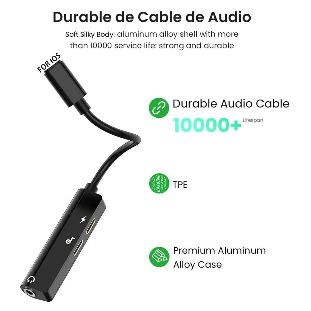 High Quality 3-in-1 Lightning to 3.5mm Audio Adapter for iPhone – AUX Jack, Charger Splitter, HiFi Sound, Fast Charging, Headphone Converter for iOS Devices