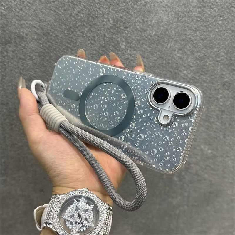 Luxury Apple iPhone Case, MagSafe Compatible, Camera Lens & Screen Protection, Ultra Thin, Shockproof, Magnetic Full All Around Cover – Laser Aurora Raindrop Acrylic Case with Wrist Strap & Wireless Charging