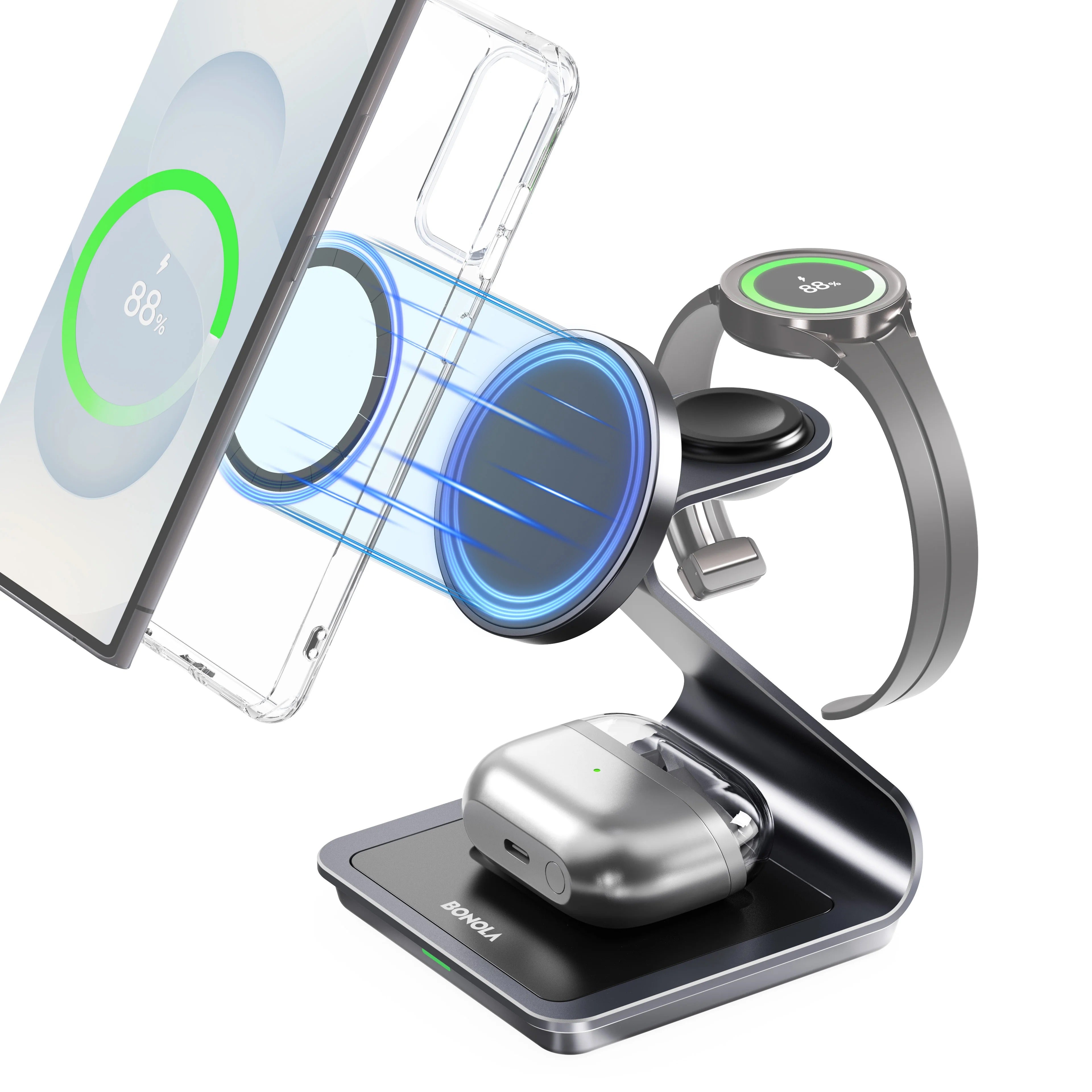 Premium 3 in 1 Magnetic Wireless Charging Stand – 15W Fast Charger Dock with Aluminum Alloy Metal Design for iPhone, Apple Watch and AirPods