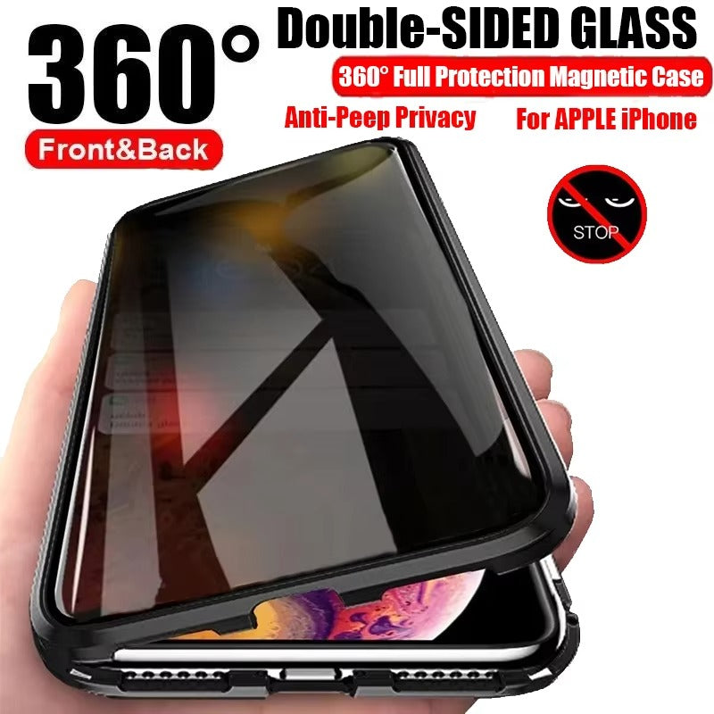 High Quality Apple iPhone Case, MagSafe Compatible, Camera Lens & Screen Protection, Ultra Thin, Shockproof, Magnetic Full All Around Cover – Double Glass Magnetic Case with Anti-Peeping Privacy Screen & Metal Frame Protection