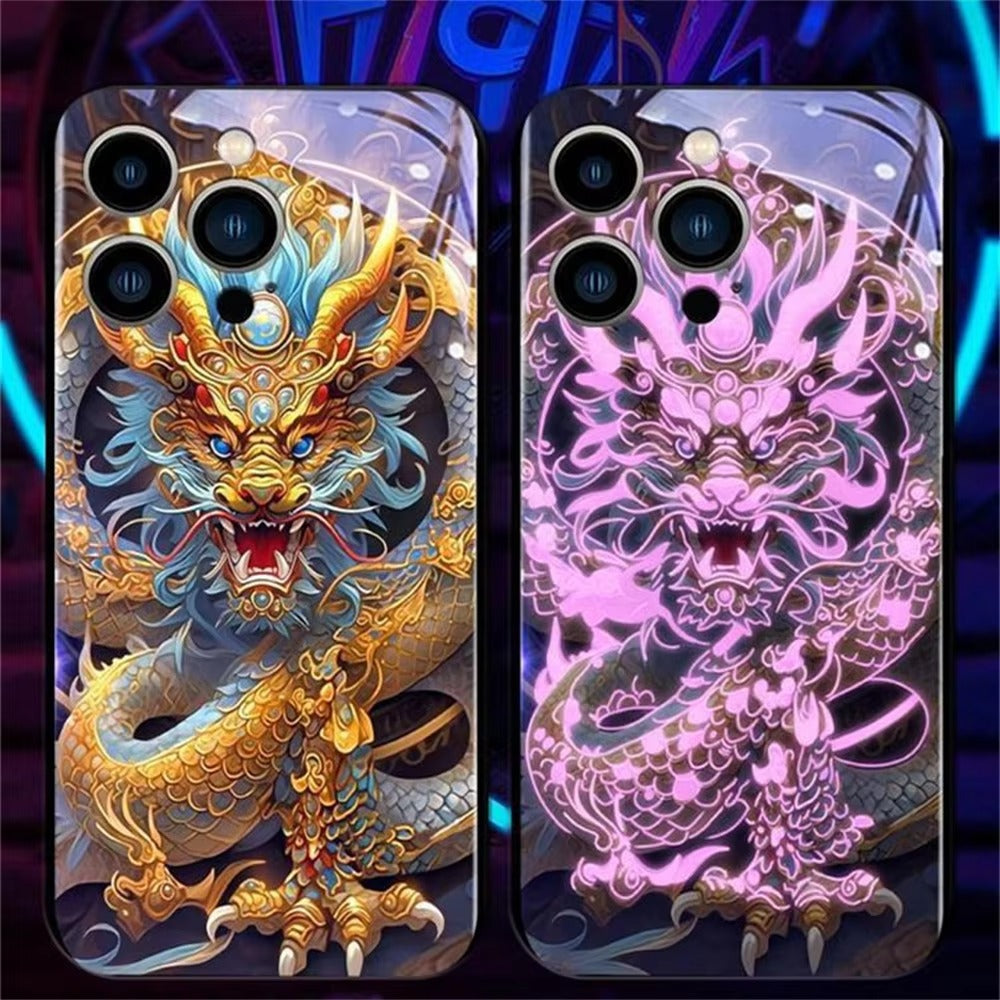 Premium Apple iphone Case, LED Flash, Sound Reactive, Shockproof, Ultra Thin, Full Body Protection, Golden Dragon Luminous Glass Cover