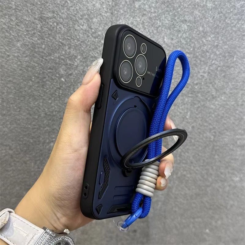 Luxury Apple iPhone Case, MagSafe Compatible, Camera Lens & Screen Protection, Ultra Thin, Shockproof, Magnetic Full All Around Cover – Stand Holder Case with Lens Guard, Wristband & Lanyard Strap