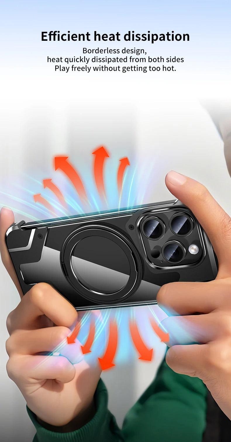 Luxury Apple iPhone Case, MagSafe Compatible, Camera Lens & Screen Protection, Ultra Thin, Shockproof, Magnetic Full All Around Cover – 360° Aluminum Alloy Rimless Case with Transparent PC & Built-In Bracket