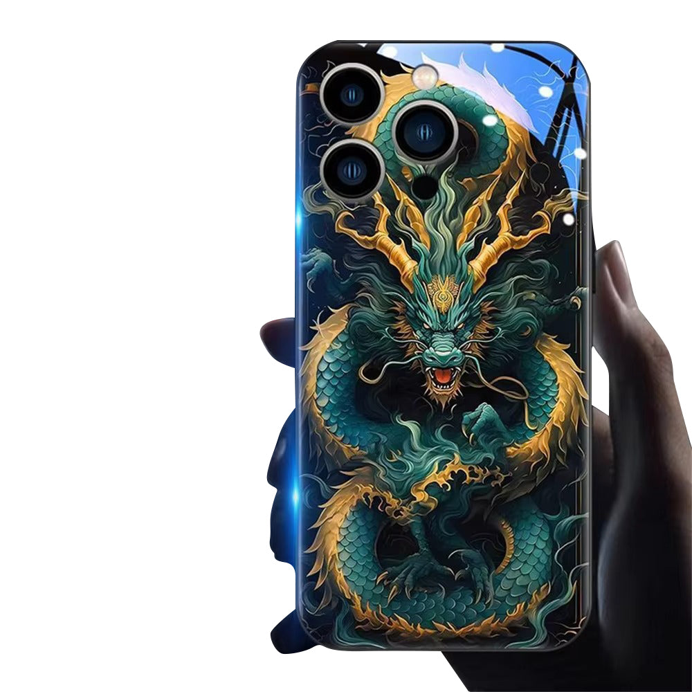 Premium Apple iphone Case, LED Flash, Sound Reactive, Shockproof, Ultra Thin, Full Body Protection, Golden Dragon Luminous Glass Cover