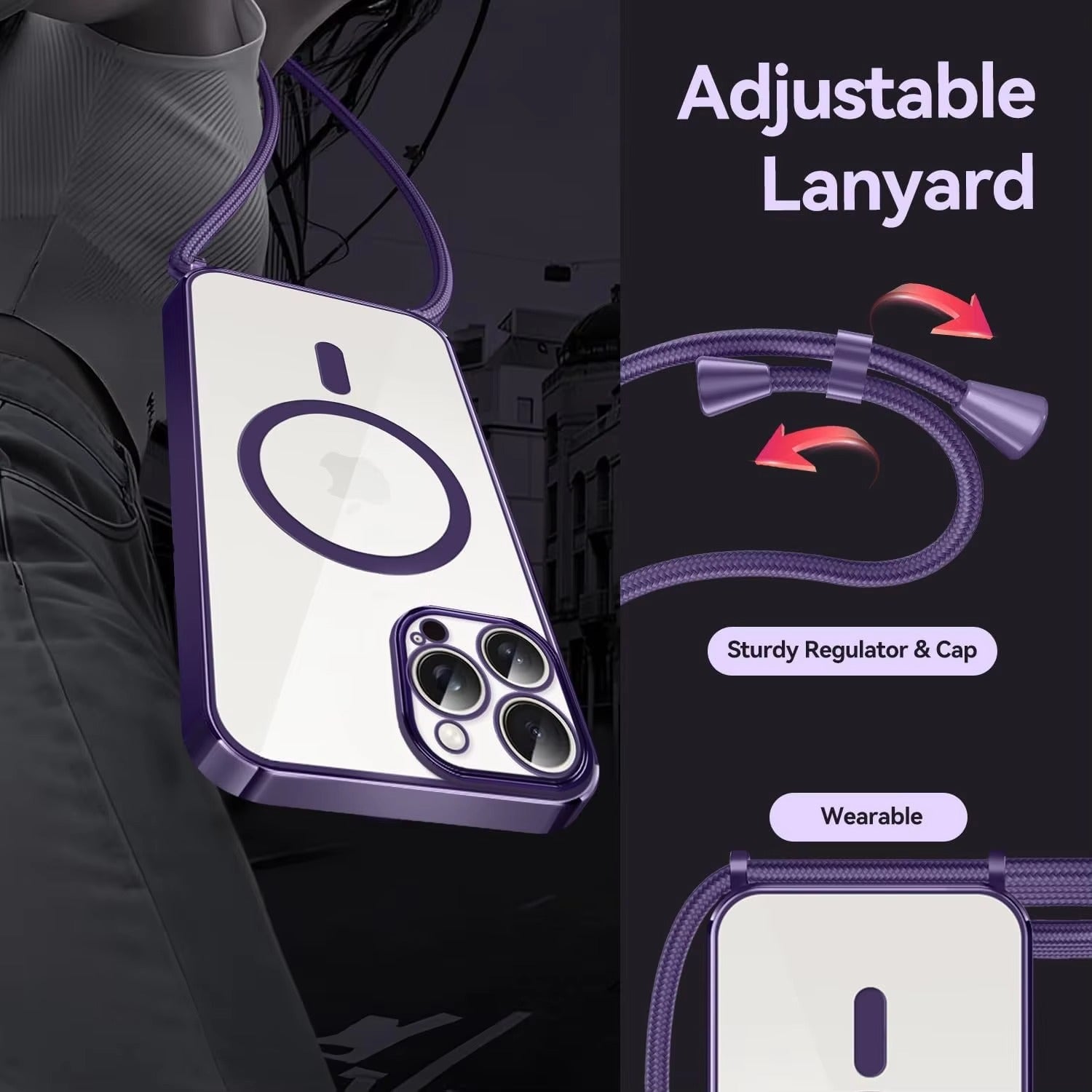 Luxury Apple iPhone Case, MagSafe Compatible, Camera Lens & Screen Protection, Ultra Thin, Shockproof, Magnetic Full All Around Cover – Clear Plating Soft Case with Necklace Lanyard Cord