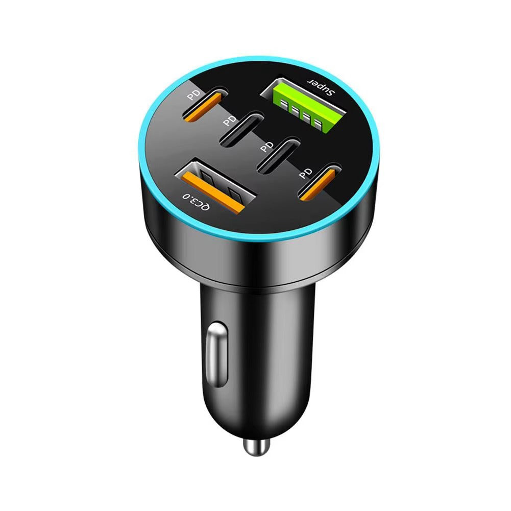Premium 250W USB Car Charger with Digital Display – 6-Port Fast Charging PD QC3.0 Type-C Adapter, Intelligent Protection, Quick Charge