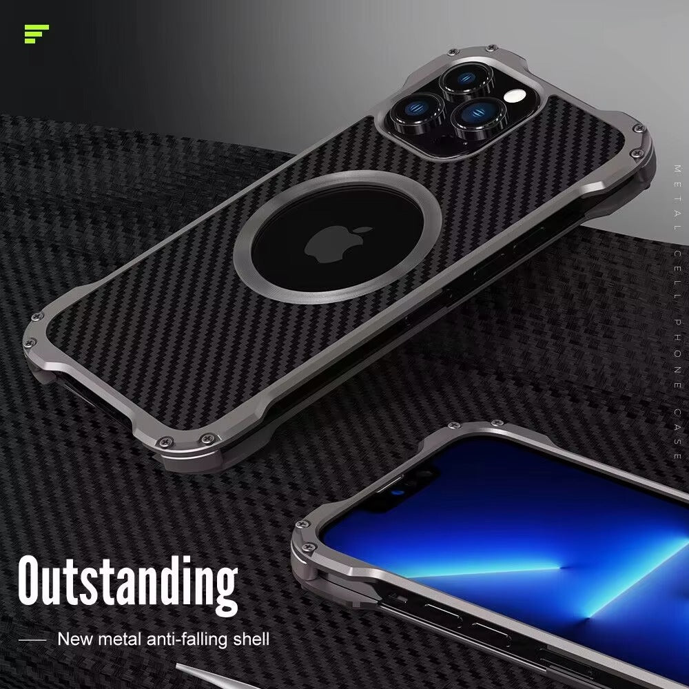 Premium Apple iPhone Case, MagSafe Compatible, Camera Lens & Screen Protection, Ultra Thin, Shockproof, Magnetic Full All Around Cover – Carbon Fiber Metal Case with Anti-Fall Design & Magnetic Back Shell