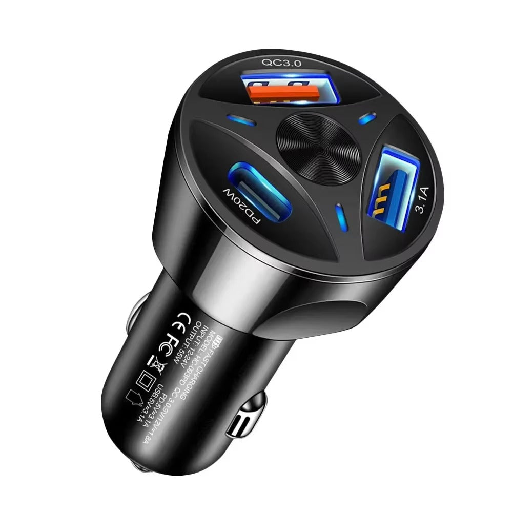 High Speed 55W USB Car Charger Adapter – 4-Port PD & QC3.0 Fast Charging Cigarette Lighter Plug with LED Display, Smart Protection for Phones & Tablets