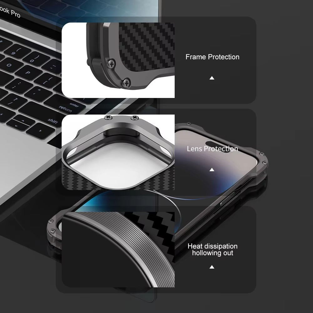Premium Apple iPhone Case, MagSafe Compatible, Camera Lens & Screen Protection, Ultra Thin, Shockproof, Magnetic Full All Around Cover – Carbon Fiber Metal Case with Anti-Fall Design & Magnetic Back Shell