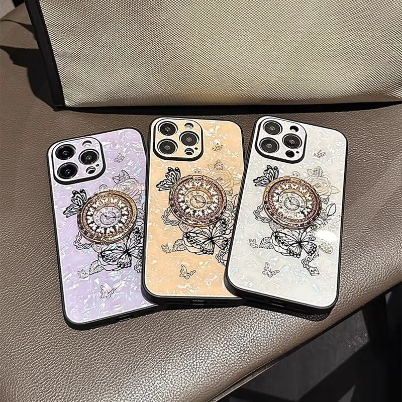 Luxury Apple iPhone Case, MagSafe Compatible, Camera Lens & Screen Protection, Ultra Thin, Shockproof, Magnetic Full All Around Cover – Butterfly Flower Pattern Silicone Case with Diamond Ring Holder & Hard Back Protection