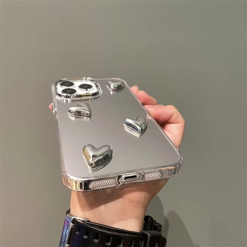 Luxury Apple iPhone Case, MagSafe Compatible, Camera Lens and Screen Protection, Ultra Thin, Shockproof, Magnetic, Full All Around Protection, Silvery Heart Mirror Cover