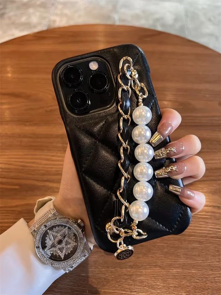 Luxury Apple iPhone Case, MagSafe Compatible, Camera Lens & Screen Protection, Ultra Thin, Shockproof, Magnetic Full All Around Cover – Pearl Metal Hand Chain Case with Lattice Lambskin Pattern for Women