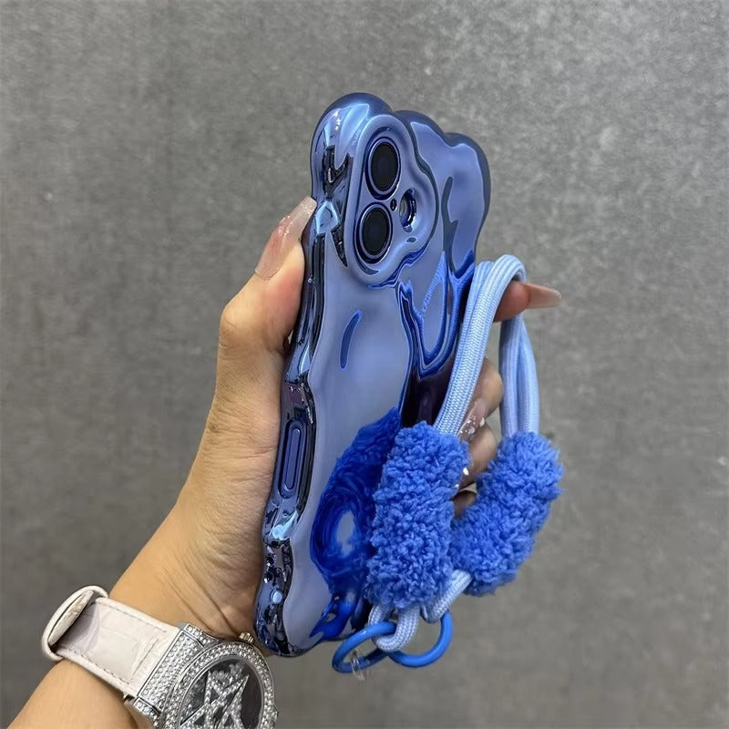 Luxury Apple iPhone Case, MagSafe Compatible, Camera Lens & Screen Protection, Ultra Thin, Shockproof, Magnetic Full All Around Cover – 3D Wave Edge Plating Case with Plush Wristband & Lanyard Strap