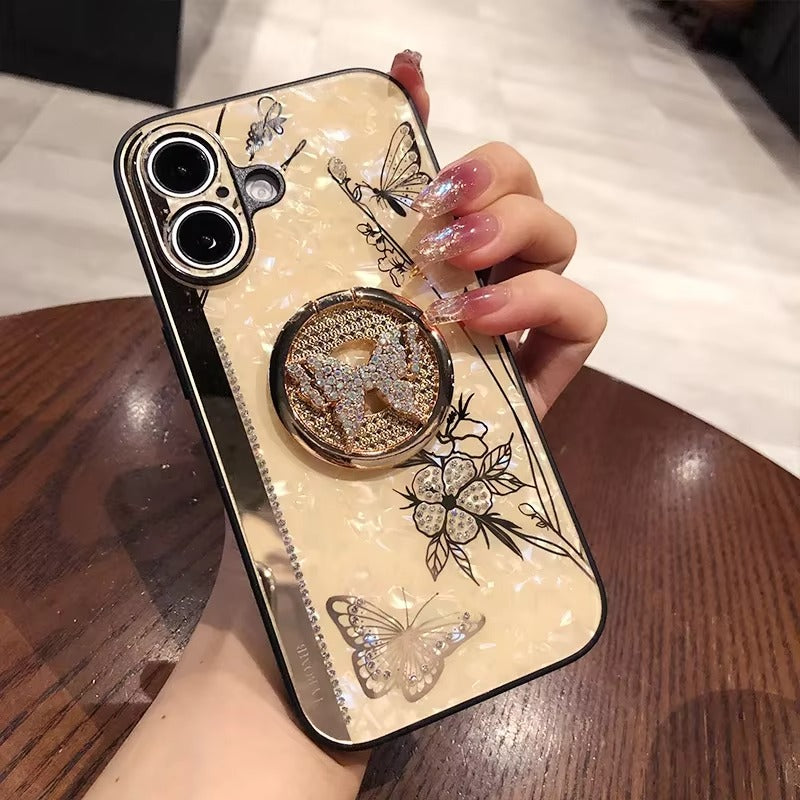 Luxury Apple iPhone Case, MagSafe Compatible, Camera Lens & Screen Protection, Ultra Thin, Shockproof, Magnetic Full All Around Cover – Shell Pattern Butterfly Case with Ring Holder & Hard Silicone TPU Back Design