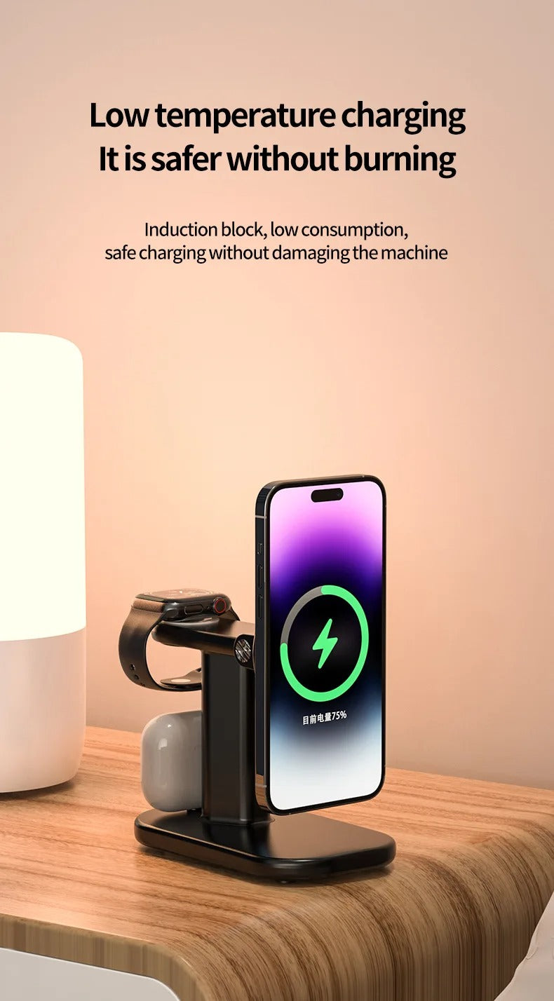 Premium Magnetic 3 in 1 Wireless Charging Station – 25W Foldable Fast Charger Stand and Phone Holder for iPhone, Apple Watch, AirPods and Qi Devices