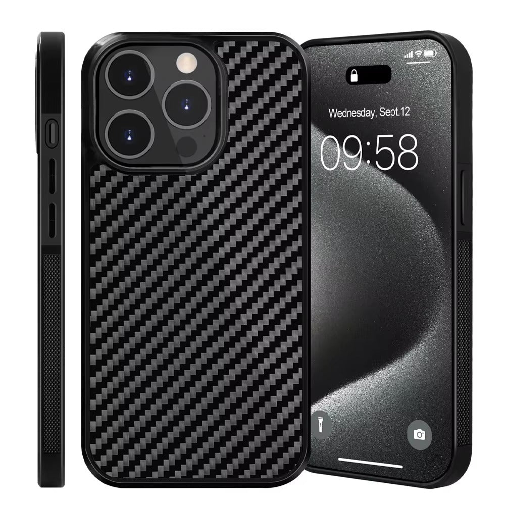 Luxury Apple iPhone Case, MagSafe Compatible, Camera Lens & Screen Protection, Ultra Thin, Shockproof, Magnetic Full All Around Cover – Real Carbon Fiber Gloss Armor Case with Forged Design & Wireless Charging Support