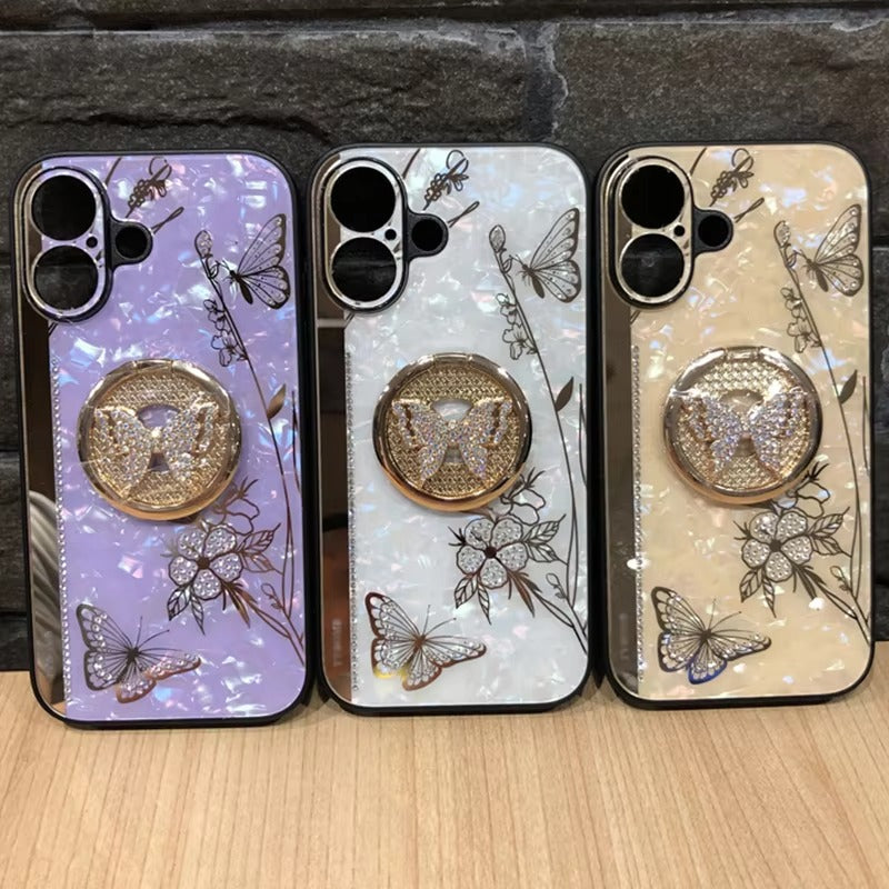 Luxury Apple iPhone Case, MagSafe Compatible, Camera Lens & Screen Protection, Ultra Thin, Shockproof, Magnetic Full All Around Cover – Shell Pattern Butterfly Case with Ring Holder & Hard Silicone TPU Back Design