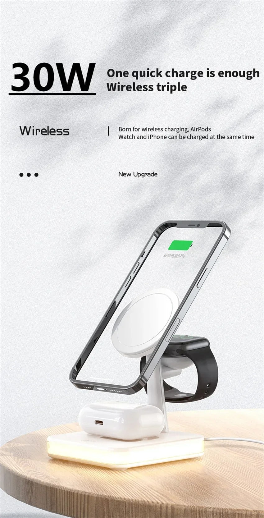 Premium 4 in 1 Magnetic Wireless Charging Station – 30W Fast Charger Stand with LED Lamp, Cooling Fan, USB Output for Phones, AirPods and Apple Watch