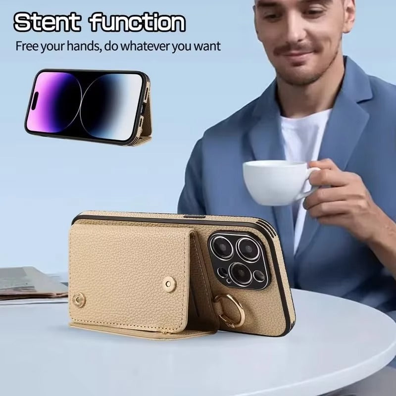 High-End Apple iPhone Case, MagSafe Compatible, Camera Lens & Screen Protection, Ultra Thin, Shockproof, Magnetic Full All Around Cover – Crossbody Leather Wallet Case with Finger Ring Buckle & Card Slots