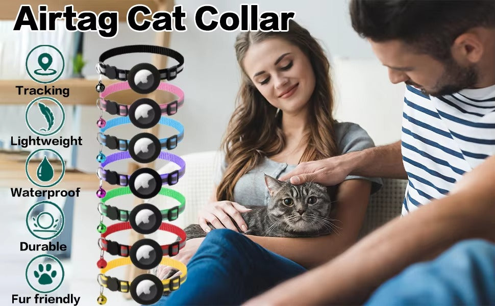 Premium Reflective Cat Collar with AirTag Holder – Adjustable Breakaway Design with Bell for Kittens and Small Pets 0.4" Wide
