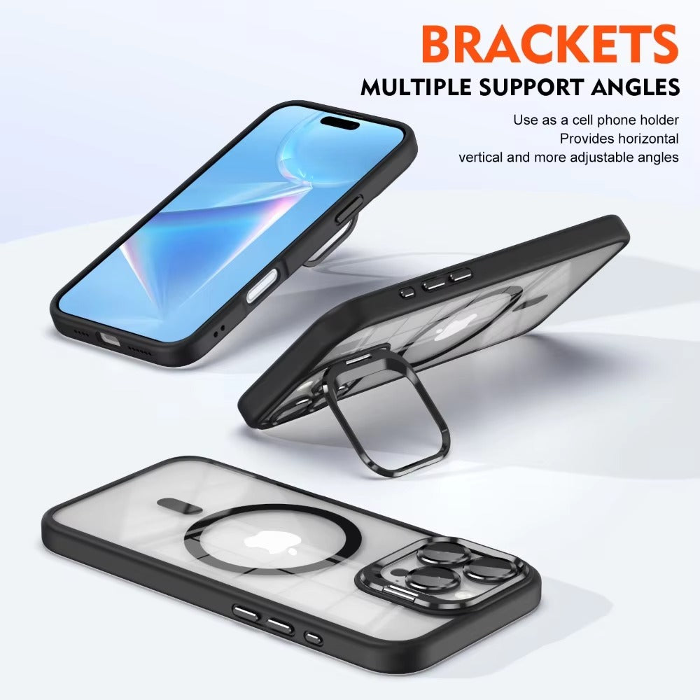 Premium Apple iPhone Case MagSafe Compatible, Camera Lens & Screen Protection, Cover with Transparent Stand & Lens Film