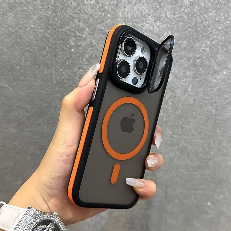 Luxury Apple iPhone Case Ultra Thin Shockproof Magnetic Full All Around Protection Cover with Matte Stand & Wrist Strap