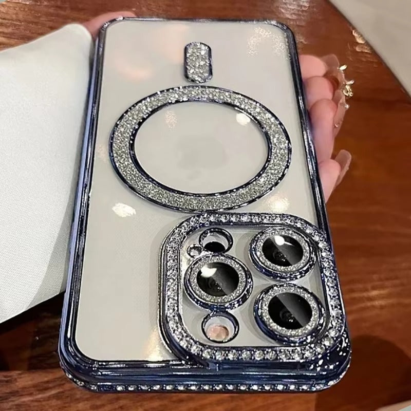 Luxury Apple iPhone Case, MagSafe Compatible, Camera Lens & Screen Protection, Ultra Thin, Shockproof, Magnetic Full All Around Cover – Glitter Diamond Transparent Case with Wireless Charging & Bumper Edge Design