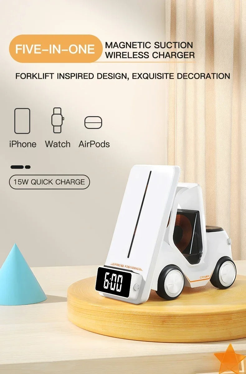 Premium 5 in 1 Magnetic Wireless Charging Station – Fast Charger Stand with Alarm Clock, Adjustable Phone Holder, LED Lamp for iPhone, Watch and AirPods