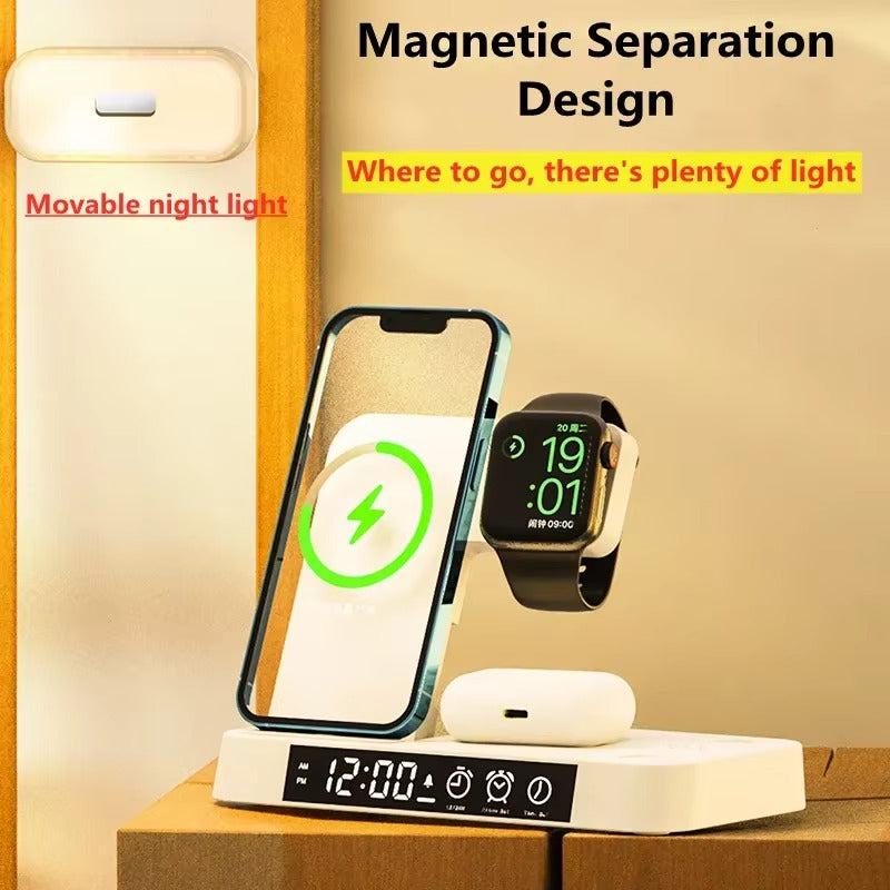 Premium 3 in 1 Wireless Charging Station – 30W Fast Charger Stand with Alarm Clock, Removable RGB Night Light for Phones, Apple Watch, Samsung Watch & AirPods