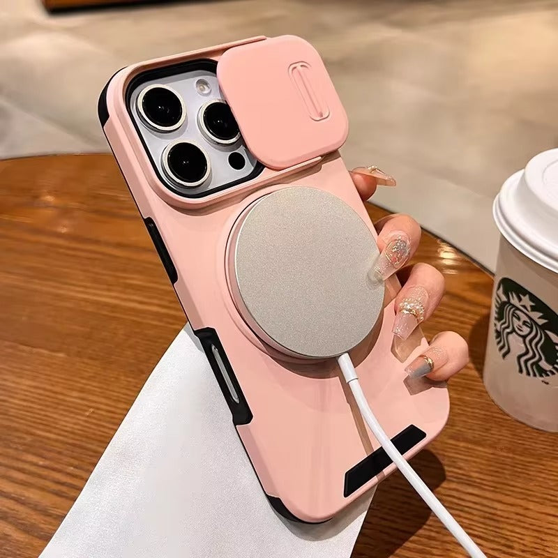High Quality Apple iPhone Case MagSafe Compatible, Camera Lens & Screen Protection Cover with Slide Lens & Armor Bracket