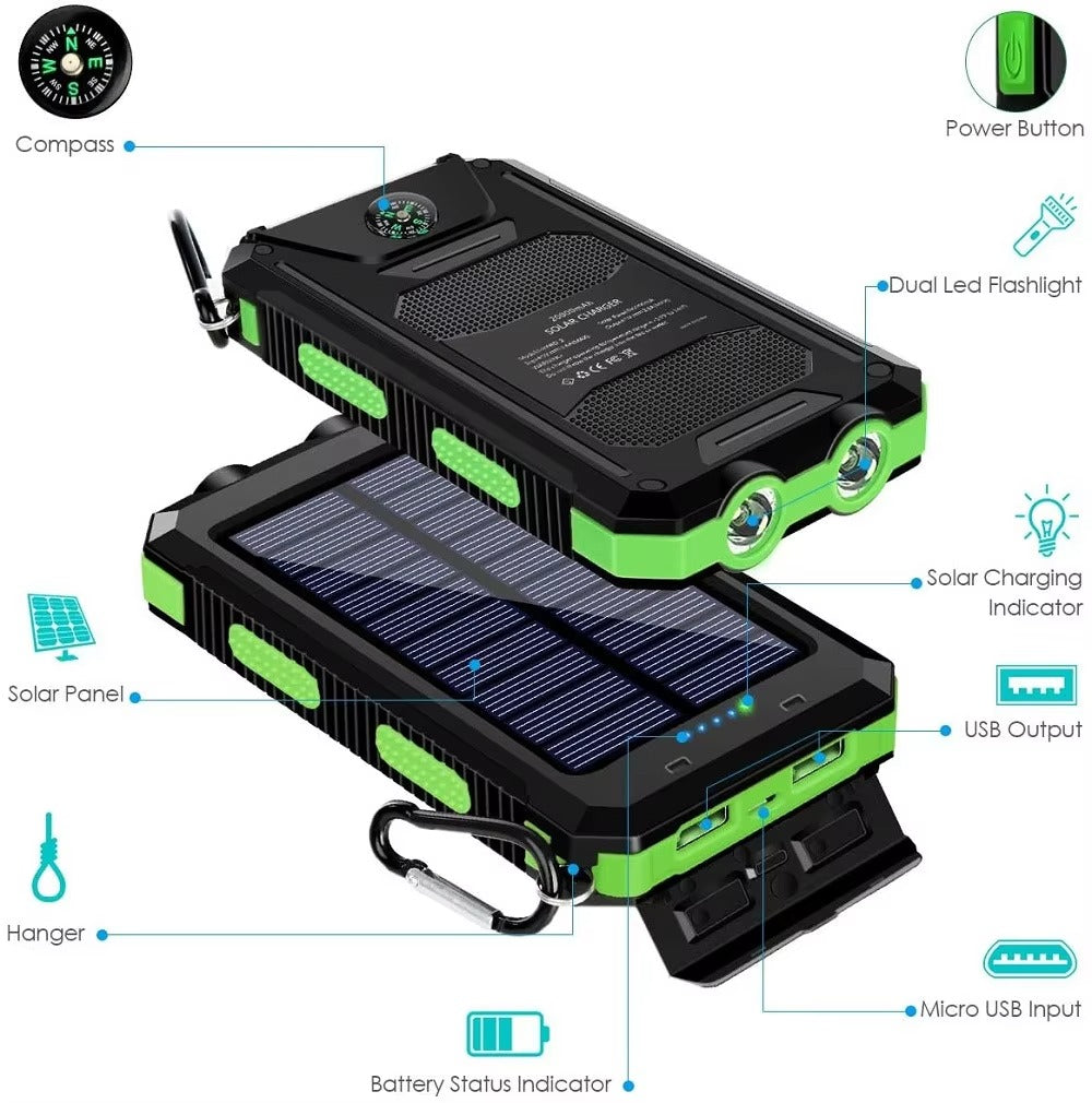 Robust 80000mAh Solar Power Bank – Portable Waterproof Charger with Dual USB, Strong LED Flashlight, Digital Display, Compass & Outdoor Emergency Features