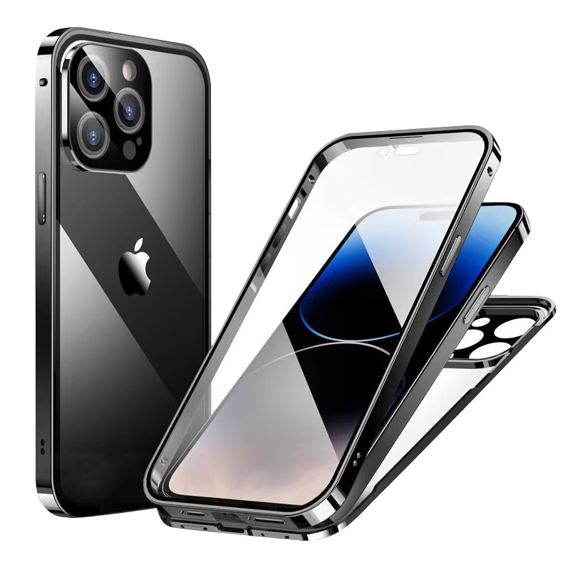 Luxury Apple iPhone Case MagSafe Compatible, Camera Lens & Screen Protection Cover with Double Glass Snap Lock Frame