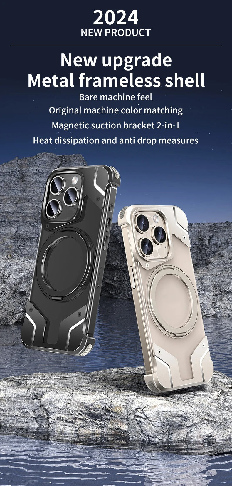 Luxury Apple iPhone Case, MagSafe Compatible, Camera Lens & Screen Protection, Ultra Thin, Shockproof, Magnetic Full All Around Cover – 360° Aluminum Alloy Rimless Case with Transparent PC & Built-In Bracket