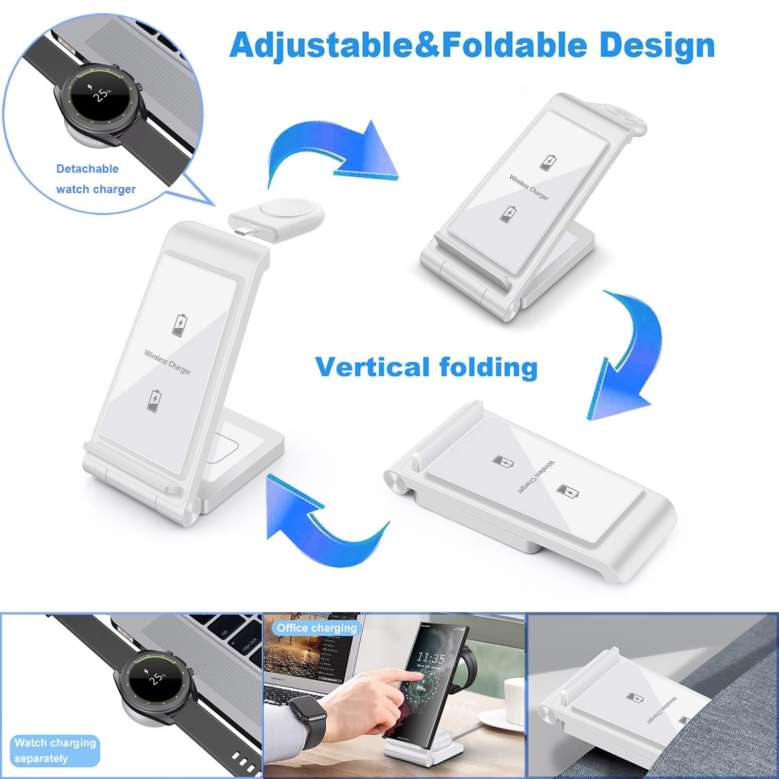 Premium 25W 3 in 1 Wireless Charging Station – Fast Charger Stand for Samsung Phones, Galaxy Watch and Buds with Detachable Holder and Type-C Cable