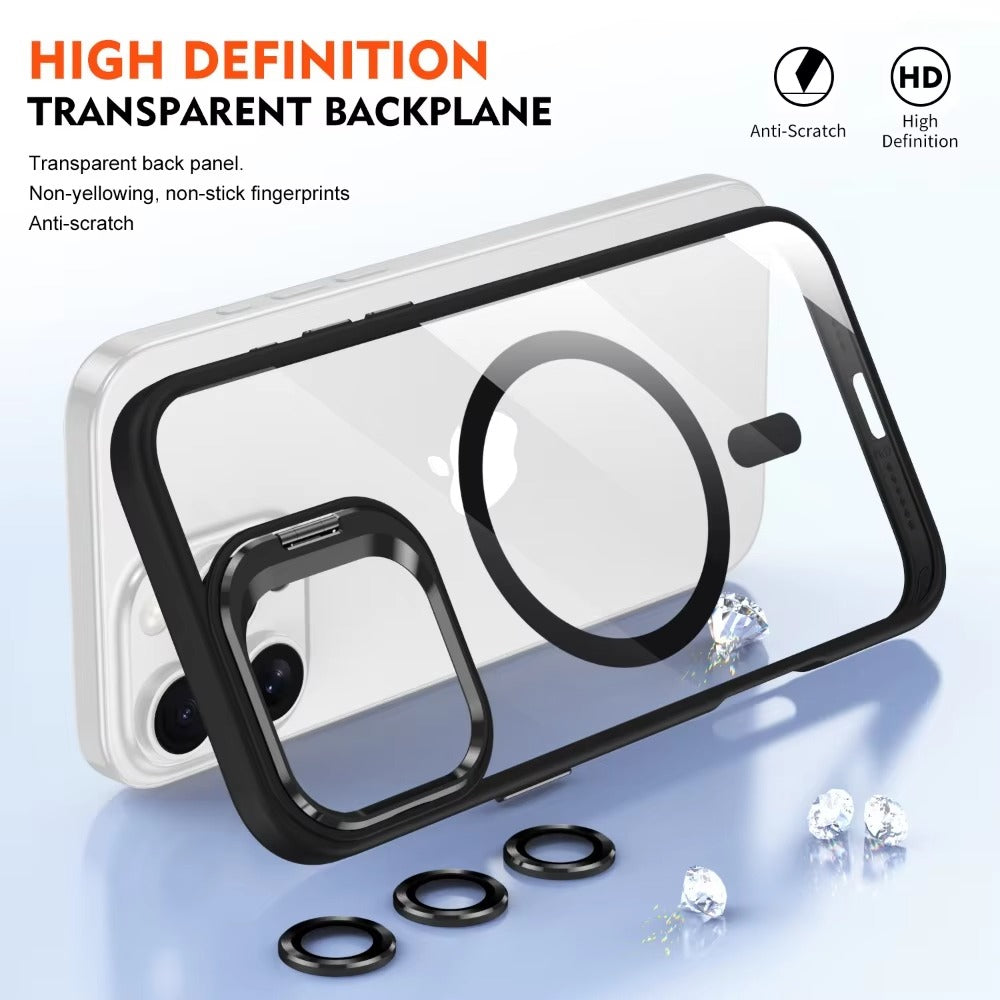 Premium Apple iPhone Case MagSafe Compatible, Camera Lens & Screen Protection, Cover with Transparent Stand & Lens Film