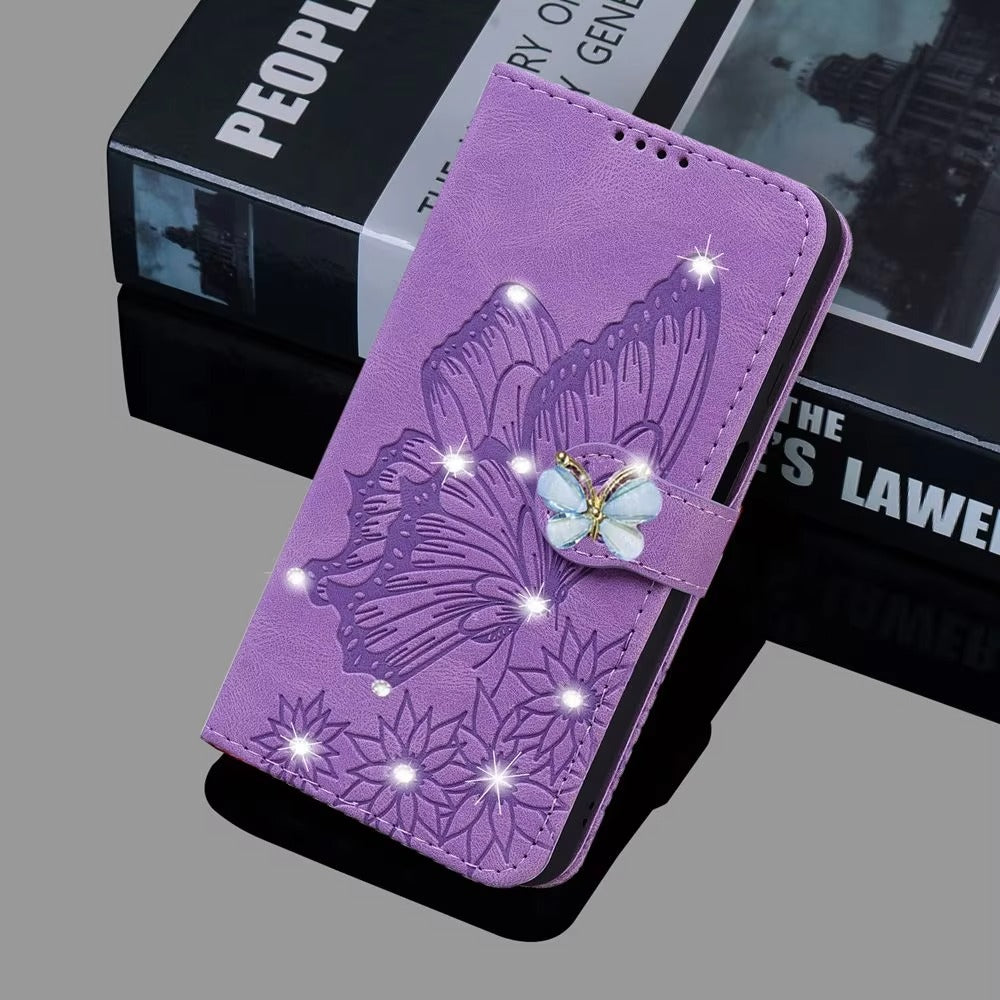 Luxury Apple iPhone Case, MagSafe Compatible, Camera Lens and Screen Protection, Ultra Thin, Shockproof, Magnetic, Full All Around Protection, Butterfly Glitter Wallet Cover