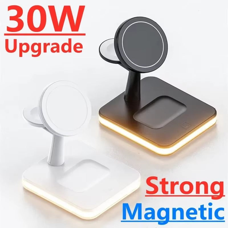 Premium 4 in 1 Magnetic Wireless Charging Station – 30W Fast Charger Stand with LED Lamp, Cooling Fan, USB Output for Phones, AirPods and Apple Watch