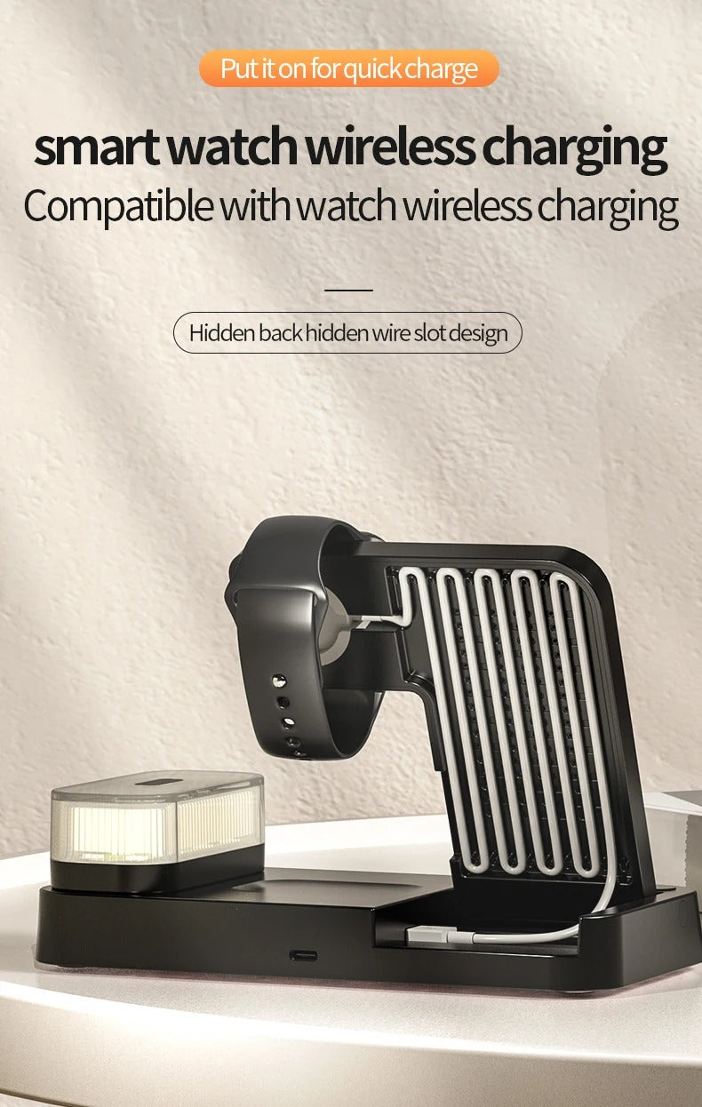 Premium 3 in 1 Wireless Charging Station – 30W Fast Charger Stand with Alarm Clock, Removable RGB Night Light for Phones, Apple Watch, Samsung Watch & AirPods