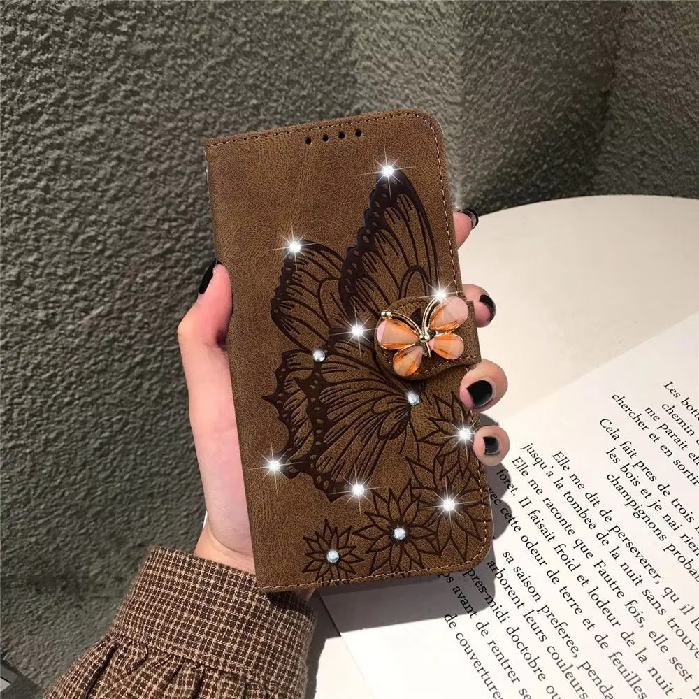 Luxury Apple iPhone Case, MagSafe Compatible, Camera Lens and Screen Protection, Ultra Thin, Shockproof, Magnetic, Full All Around Protection, Butterfly Glitter Wallet Cover