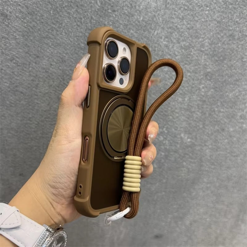 Premium Apple iPhone Case, MagSafe Compatible, Camera Lens & Screen Protection, Ultra Thin, Shockproof, Magnetic Full All Around Cover – 360° Rotating Stand Case with Airbag Corners & Wrist Strap