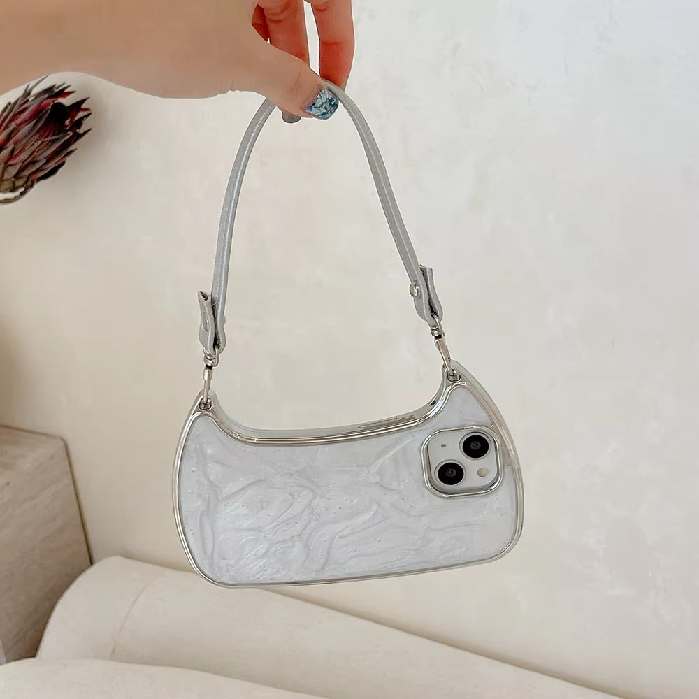 Luxury Apple iPhone Case, MagSafe Compatible, Camera Lens & Screen Protection, Ultra Thin, Shockproof, Magnetic Full All Around Cover – Electroplated Handbag Style Case with Soft Body & Hand Strap