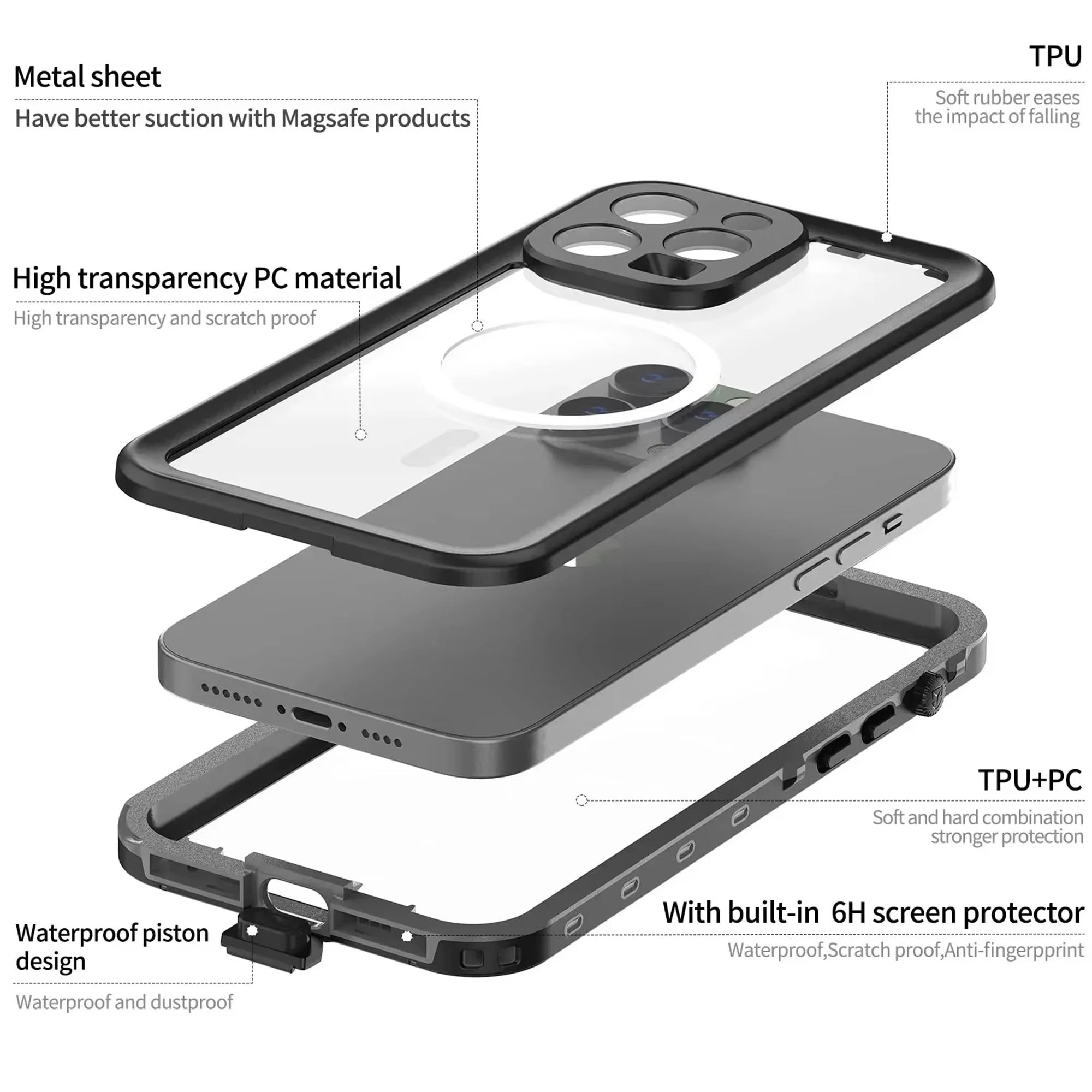 Robust Apple iPhone Case MagSafe Compatible, Camera Lens & Screen Protection, Ultra Thin Shockproof Magnetic Full All Around Protection Cover with IP68 Waterproof Diving Design